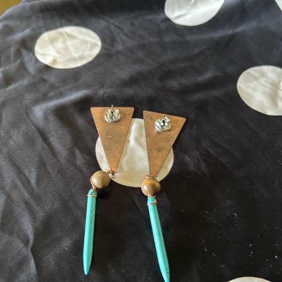 Geometric Brass and Turquoise Earrings - Picture 4 of 4